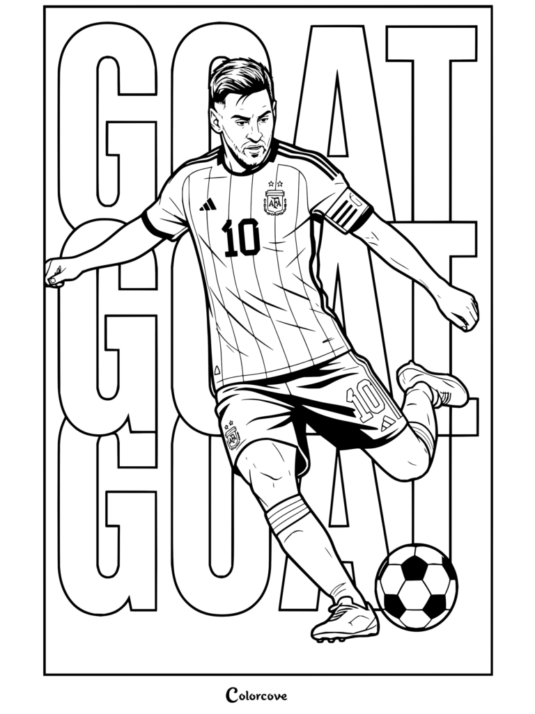 Coloriage de Lionel Messi en maillot domicile de l'Argentine frappant dans un ballon de football, sur fond d'une grande typographie GOAT.