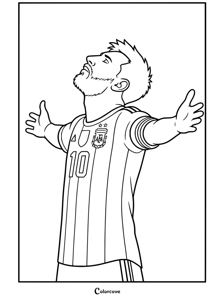 Coloriage de Lionel Messi célébrant pour l'Argentine les bras écartés, avec un effet de poussière bleue et du texte.