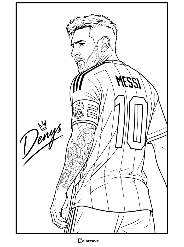 Coloriage de Lionel Messi le montrant avec le maillot domicile de l'Argentine, portant un brassard de capitaine et des tatouages détaillés.