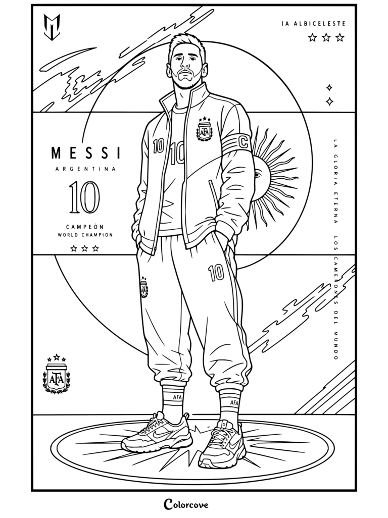 Coloriage à imprimer de Lionel Messi en survêtement de champion du monde argentin avec des détails dorés et un arrière-plan orné de l'emblème du soleil.