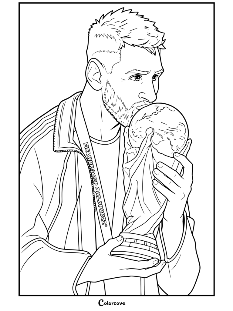 Coloriage à imprimer de Lionel Messi embrassant le trophée de la Coupe du Monde de la FIFA, vêtu du maillot de l'Argentine et du bisht avec un cordon rouge.