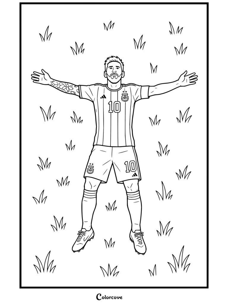 Coloriage de Lionel Messi allongé sur le dos dans l'herbe verte, les bras écartés, portant le maillot domicile numéro 10 de l'Argentine.