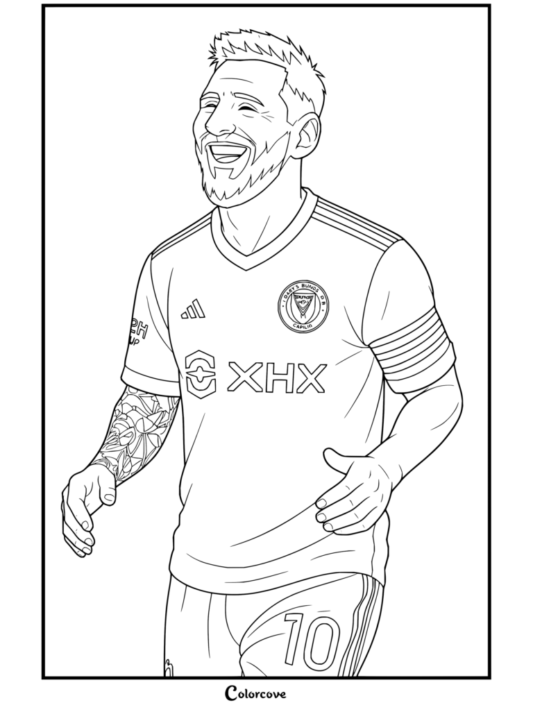 Coloriage de Lionel Messi souriant joyeusement en maillot rose de l'Inter Miami, arborant des tatouages sur le bras droit.