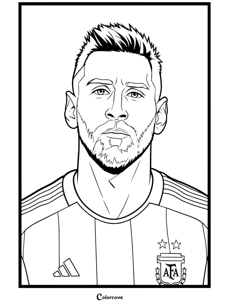 Coloriage portrait vectoriel de Lionel Messi en maillot de l'Argentine, avec une barbe courte et une expression neutre.