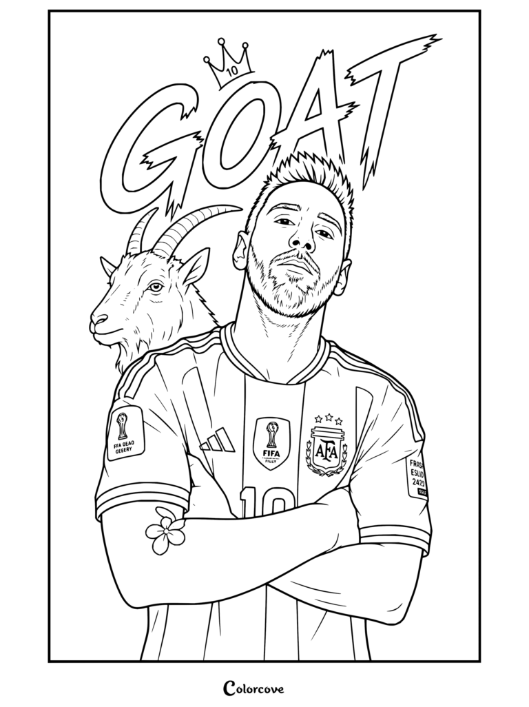 Coloriage à imprimer de Lionel Messi portant le maillot domicile de l'Argentine, les bras croisés et tatoués à côté d'une chèvre avec le mot GOAT au-dessus.
