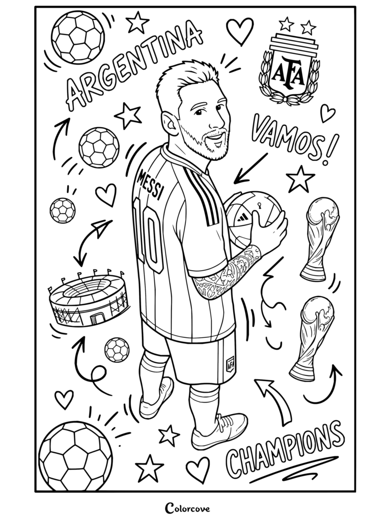 Coloriage de Lionel Messi portant le maillot domicile de l'Argentine, tenant un ballon de la Coupe du Monde et entouré de gribouillages comprenant des trophées, un stade, des ballons et les inscriptions Argentina, Vamos et Champions.
