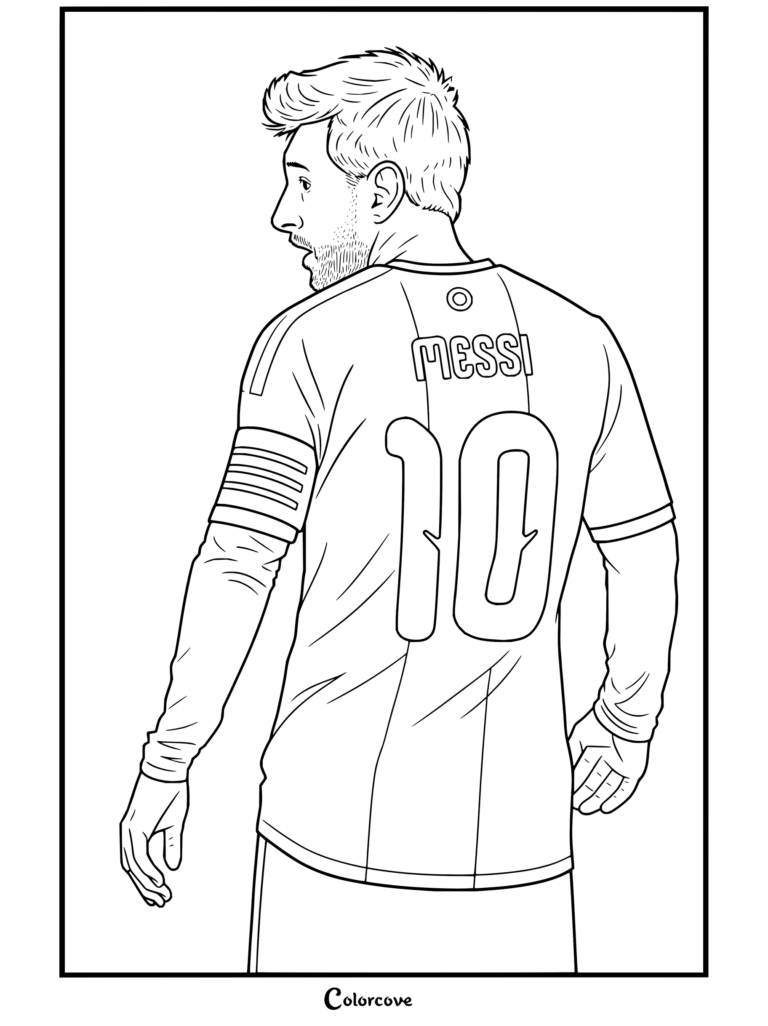 Coloriage façon croquis de Lionel Messi portant le maillot domicile numéro 10 de l'Argentine avec le brassard de capitaine, regardant vers l'arrière.