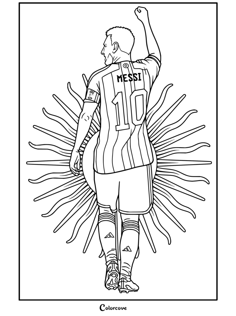 Coloriage de Lionel Messi portant le maillot numéro 10 de l'Argentine avec l'emblème du Soleil de mai en arrière-plan, célébrant le poing levé.