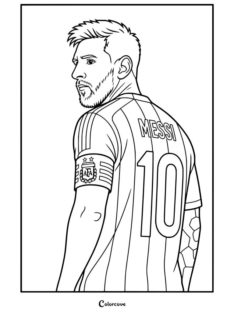 Un coloriage à imprimer de Lionel Messi avec le maillot numéro 10 de l'équipe nationale d'Argentine, portant le brassard de capitaine dans une pose de profil.