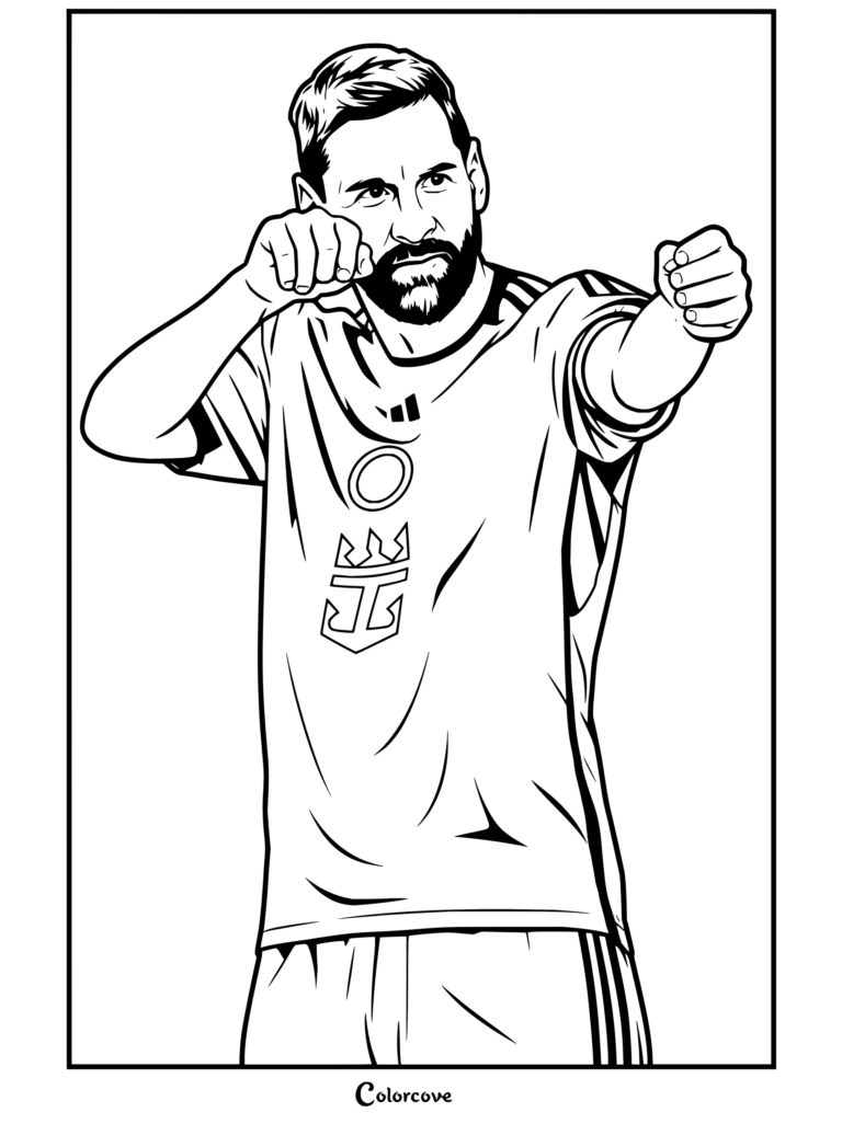 Coloriage façon dessin animé de Lionel Messi en maillot rose de l'Inter Miami, célébrant les poings levés sur fond de ciel bleu et de nuages.