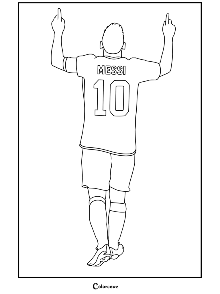 Coloriage de Lionel Messi célébrant de dos en maillot domicile numéro 10 de l'Argentine, les bras levés pointant vers le ciel.
