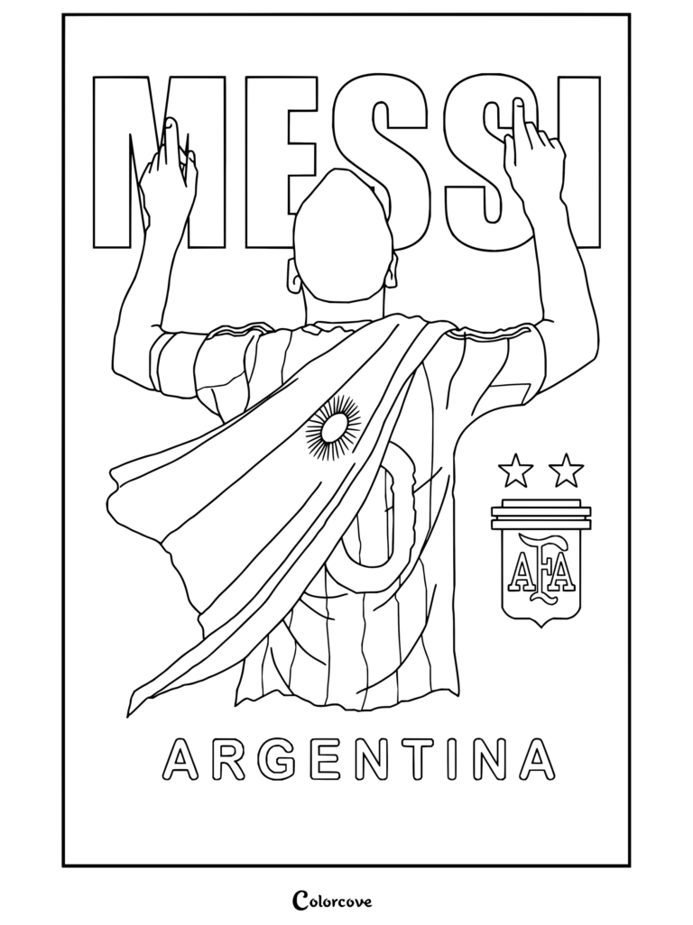 Coloriage de Lionel Messi célébrant de dos, vêtu du maillot de l'Argentine avec une cape et pointant vers le ciel lors de la Coupe du Monde Qatar 2022.