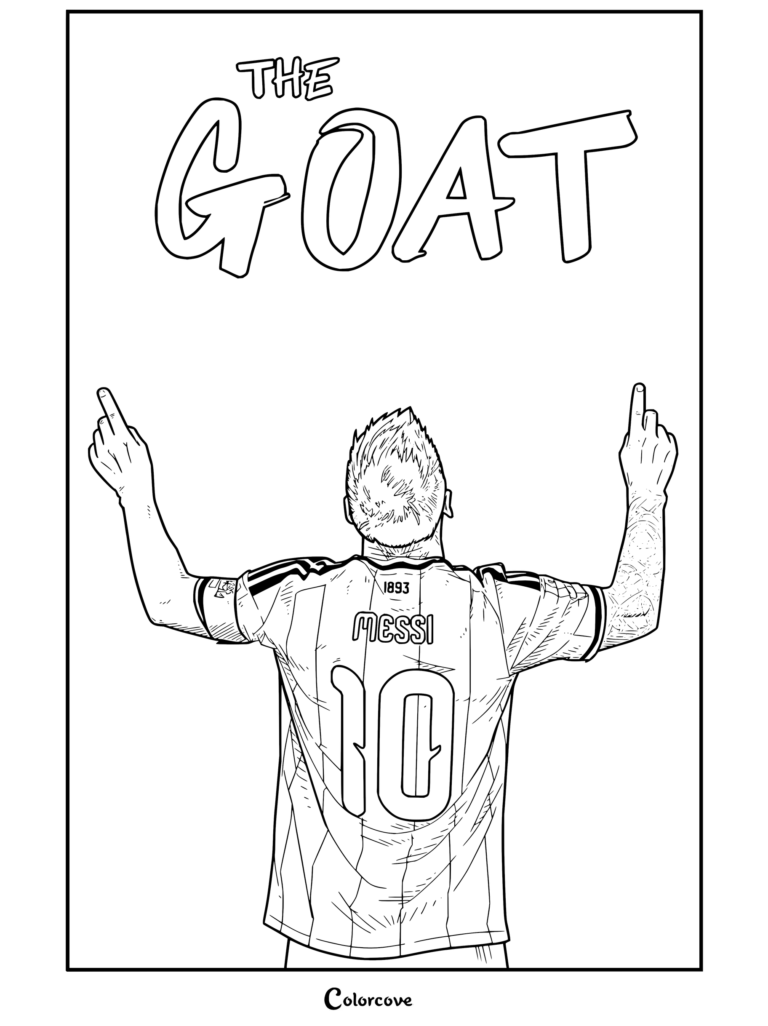 Coloriage de Lionel Messi célébrant de dos en maillot numéro 10 de l'Argentine, les bras levés et les doigts pointés vers le haut sous l'inscription GOAT.