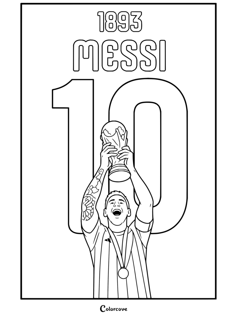 Coloriage de Lionel Messi célébrant en brandissant le trophée de la Coupe du Monde au-dessus de sa tête, sur fond de maillot numéro dix.