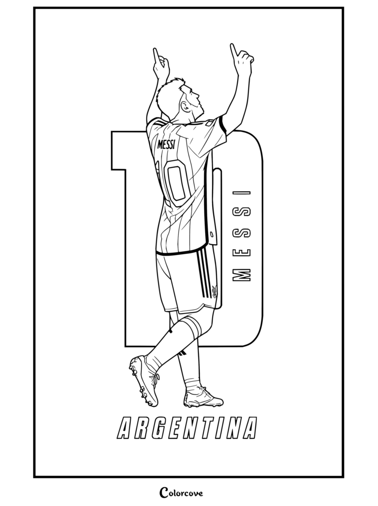Coloriage de Lionel Messi célébrant en maillot numéro 10 de l'Argentine, portant des chaussures dorées et pointant vers le ciel.