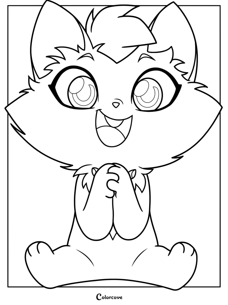 Amaru from Lolirock with big eyes and paws together in a cute coloring page illustration.