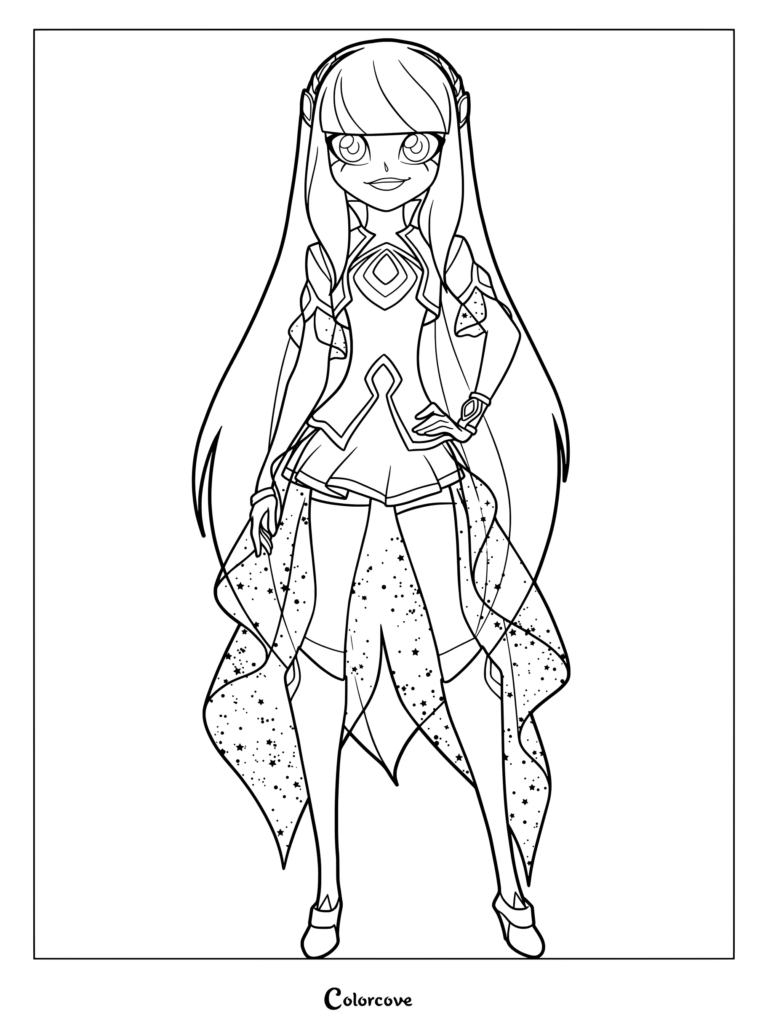 Dark Talia from Lolirock standing in a confident pose, featuring long hair, a star-patterned skirt, and detailed magical outfit in a printable coloring page.