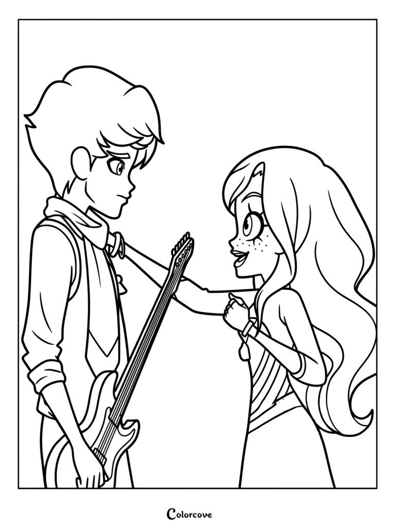 Iris and her schoolmate Zack Brady standing together in this Lolirock coloring page, with Zack holding an electric guitar.
