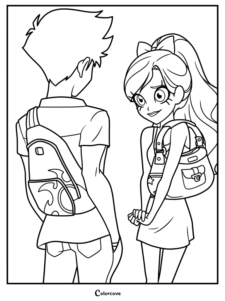 Iris and Nathaniel from Lolirock standing together in a line art coloring page with Iris wearing a bow and Nathaniel carrying a backpack.