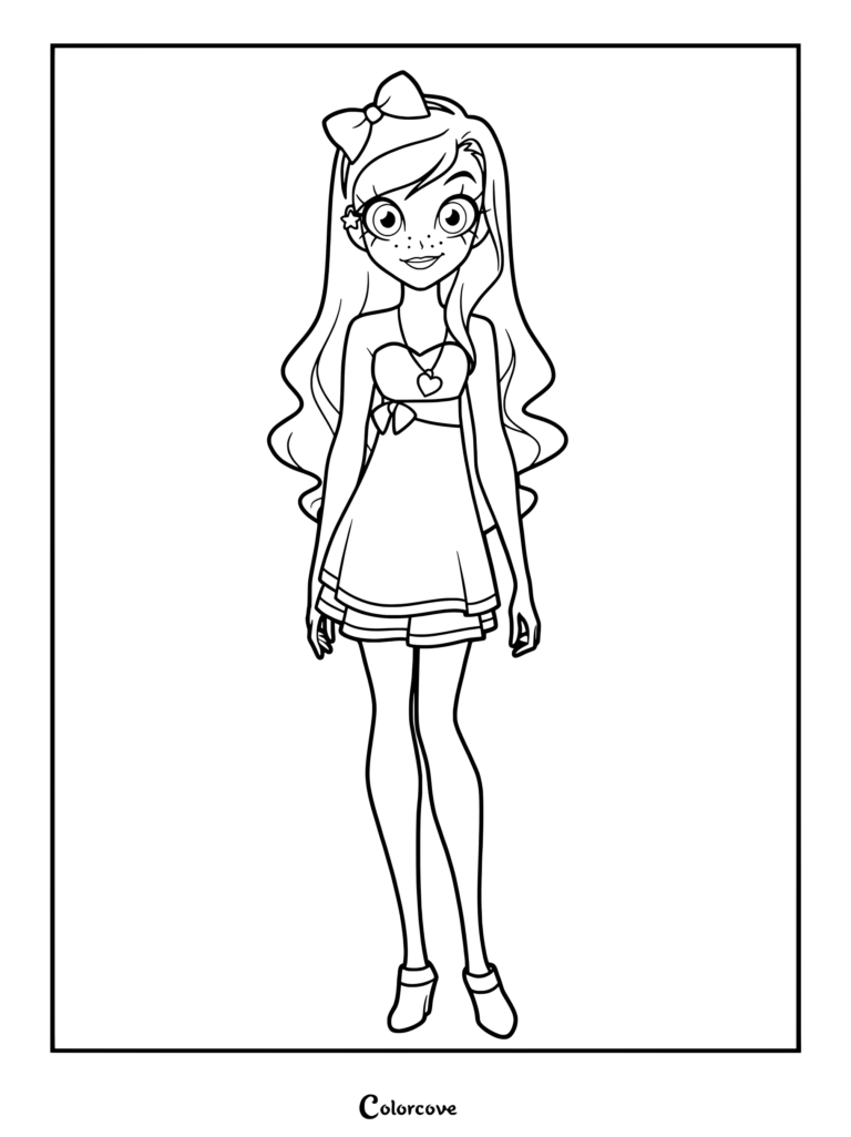 Iris from Lolirock wearing a casual dress with a bow in her hair, printable coloring page.