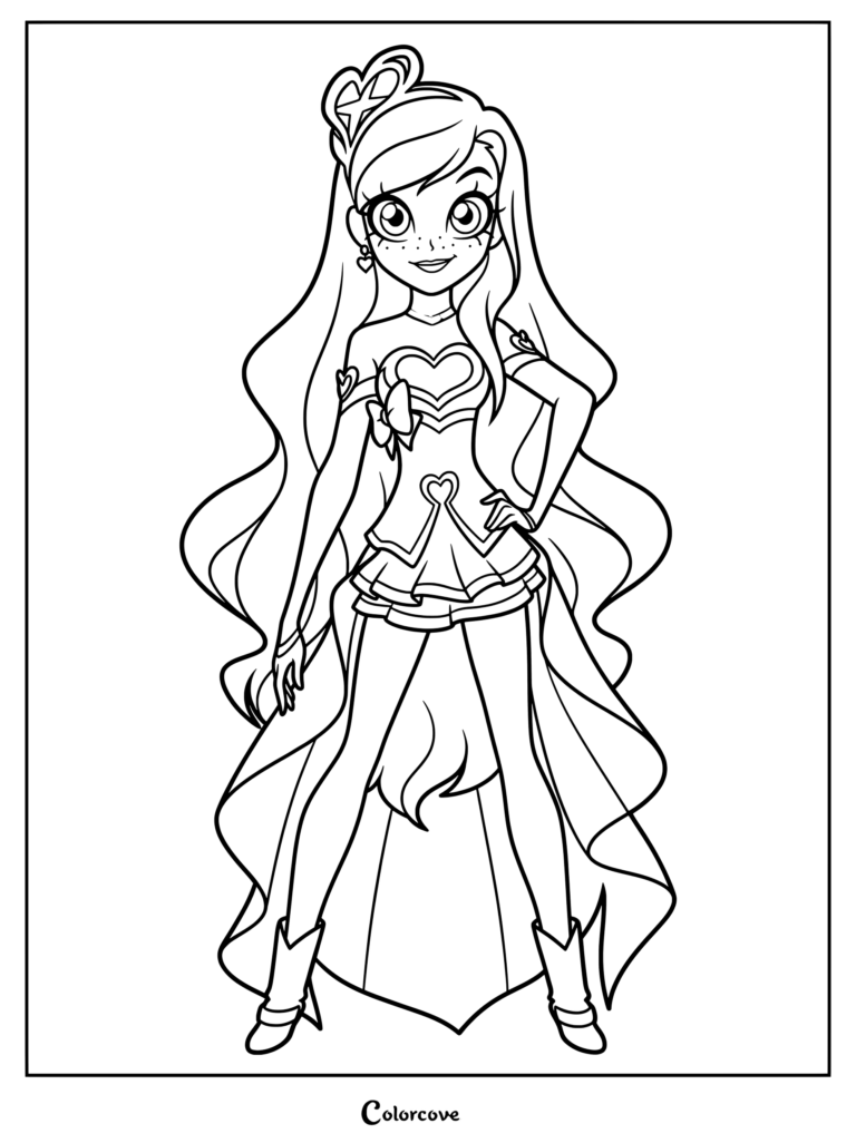 Iris from Lolirock wearing her signature magical dress and tiara in this detailed line art coloring page.