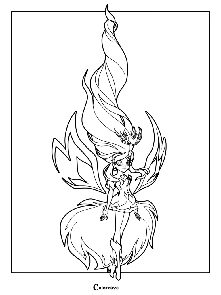 Iris from Lolirock in her Shanila power up form with flowing hair and wings, line art coloring page.