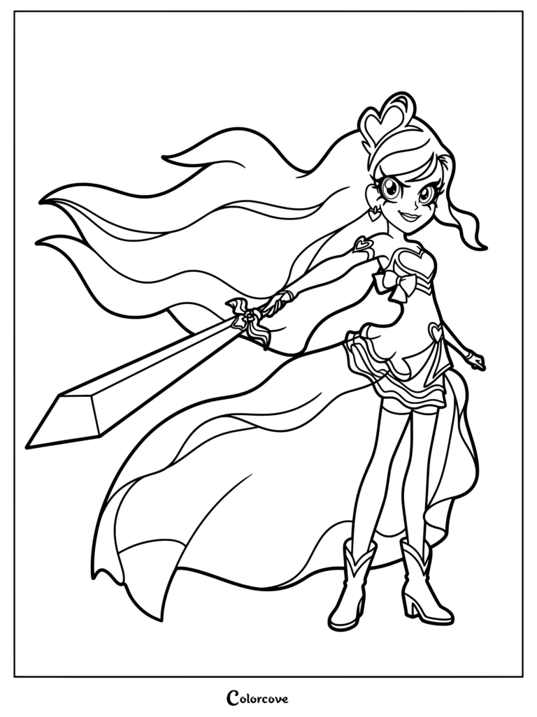 Iris from Lolirock using the Crystemsabrus spell to transform her magical weapon into a sword in this printable coloring page.
