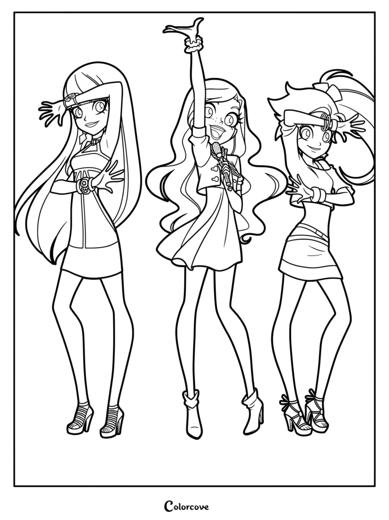 Iris, Talia, and Auriana from Lolirock posing together in a line art coloring page.