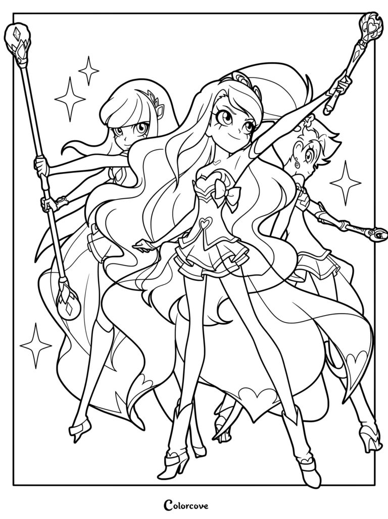 Iris, Talia, and Auriana in magical princess forms wielding unique magical weapons in this Lolirock coloring page.
