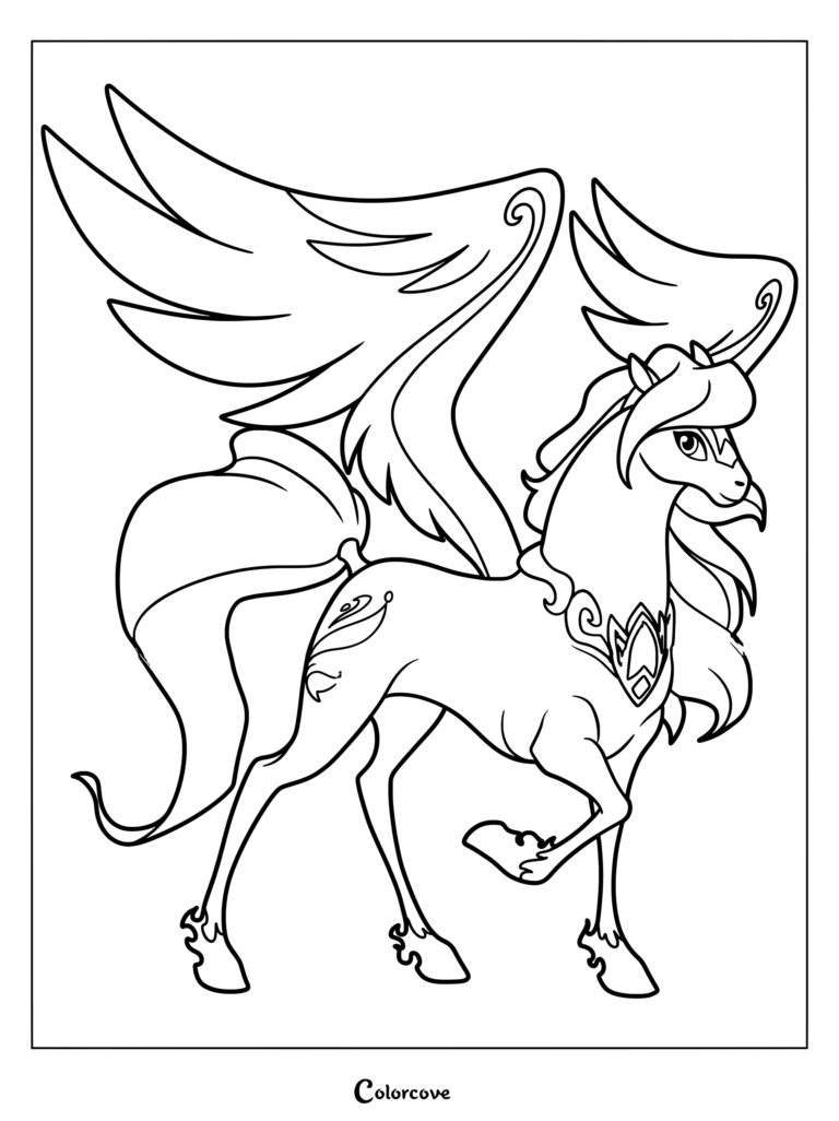 Amaru from Lolirock depicted as a majestic Pegasus with large wings and a decorative collar in this printable coloring page.
