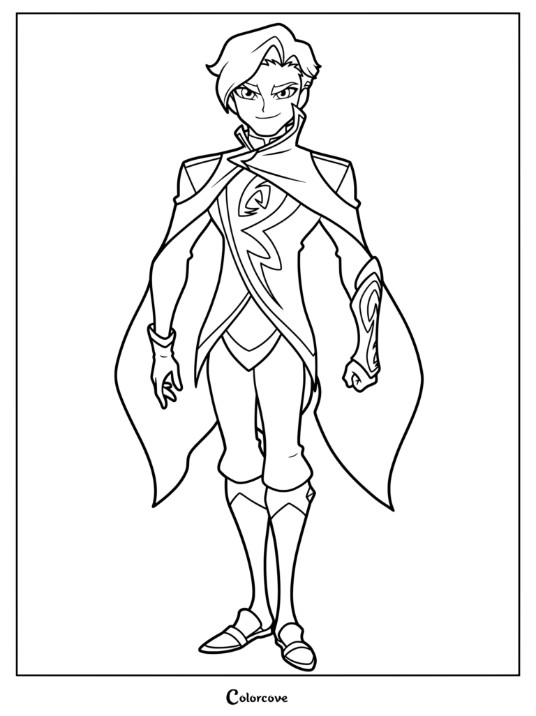 Mephisto from Lolirock standing in his villainous outfit, printable coloring page for fans.