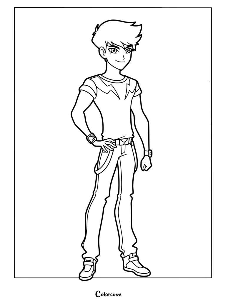 Nathaniel from Lolirock standing in a confident pose, printable coloring page featuring his signature t-shirt and sneakers.