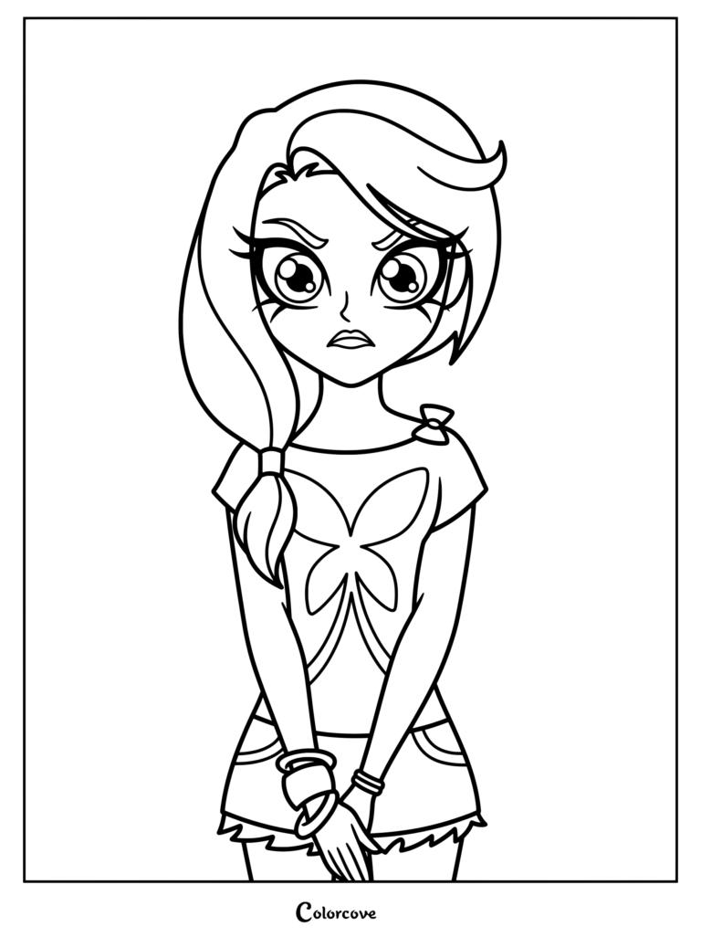 Praxina from Lolirock wearing a casual butterfly-patterned shirt and shorts in this printable coloring page.