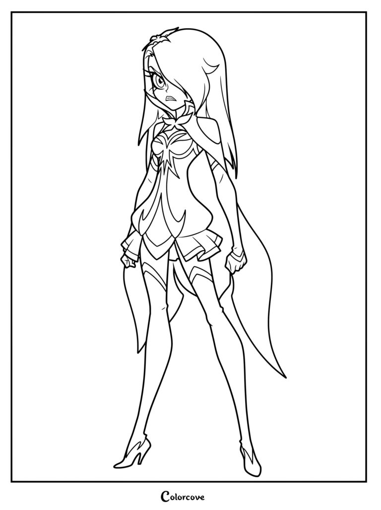 Praxina in her magical form standing in a confident pose, detailed line art coloring page.