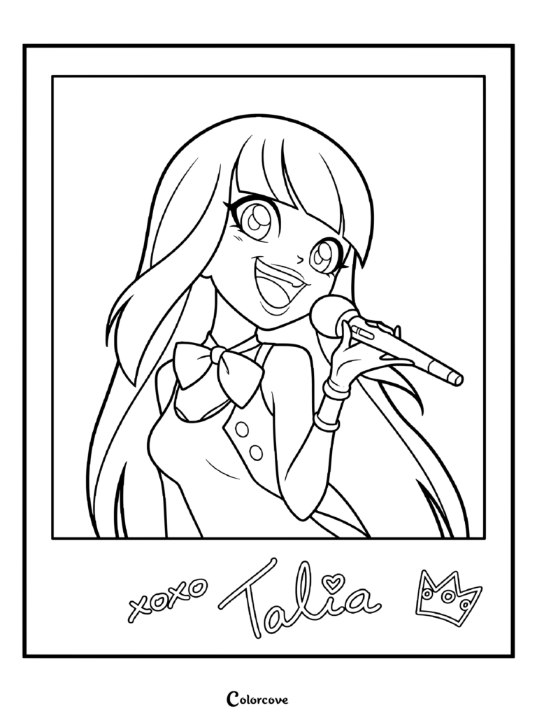 Talia from Lolirock singing into a microphone in a polaroid frame coloring page