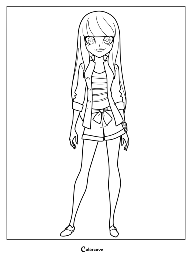 Talia from Lolirock wearing a casual outfit with a jacket and shorts in this printable coloring page.