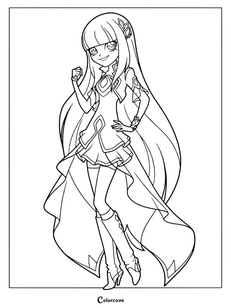 Talia from Lolirock wearing her signature magical dress in a detailed line art coloring page.