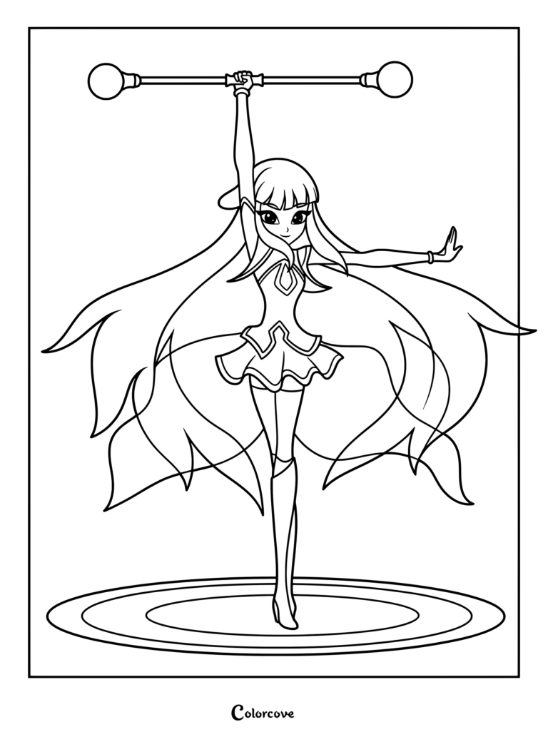 Talia from Lolirock wearing her magical dress and holding a staff, printable coloring page.