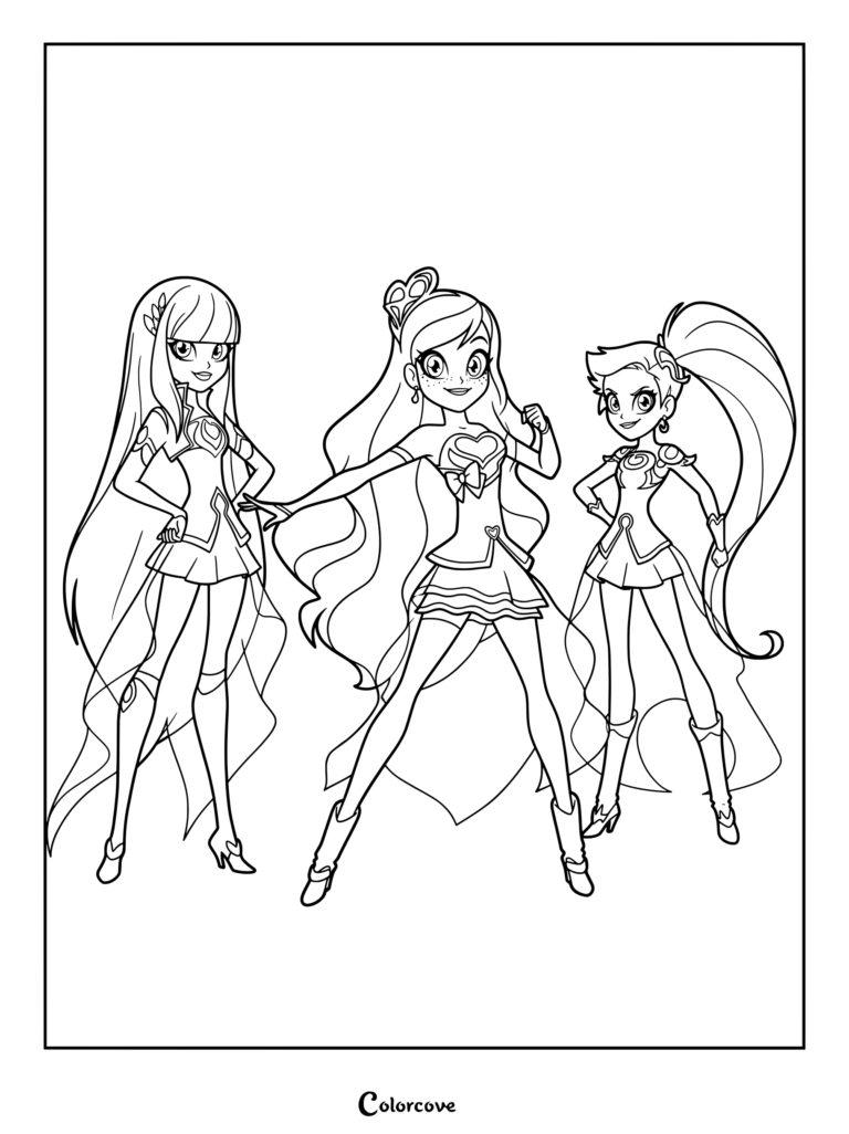 Talia, Iris, and Auriana in their transformed princess forms on a printable coloring page.