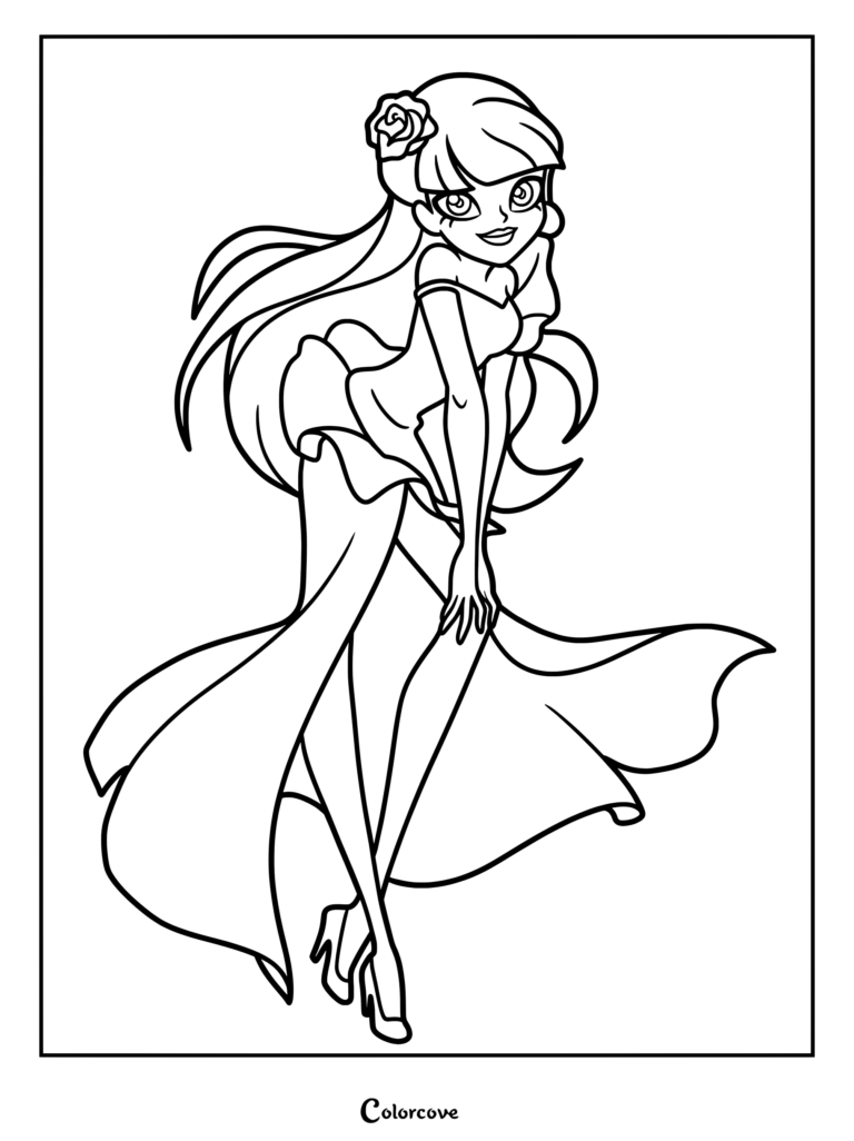 Talia from Lolirock wearing a flowing gown with a rose hair accessory in this printable coloring page.
