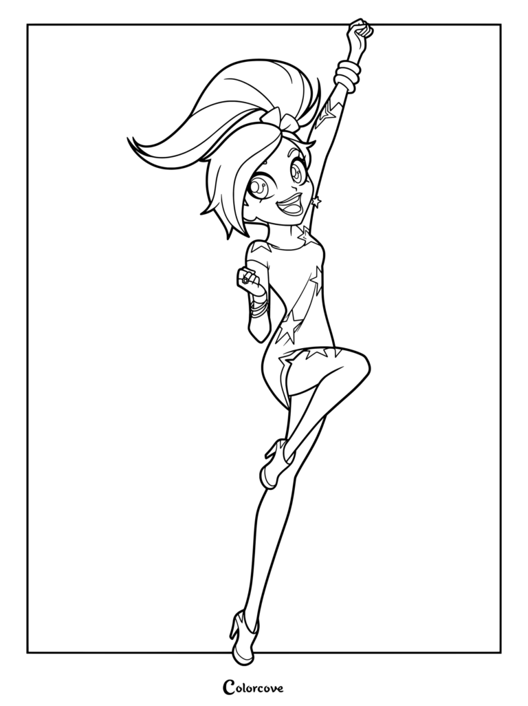 Auriana from Lolirock jumping with one arm raised in a star-patterned dress, printable coloring page.