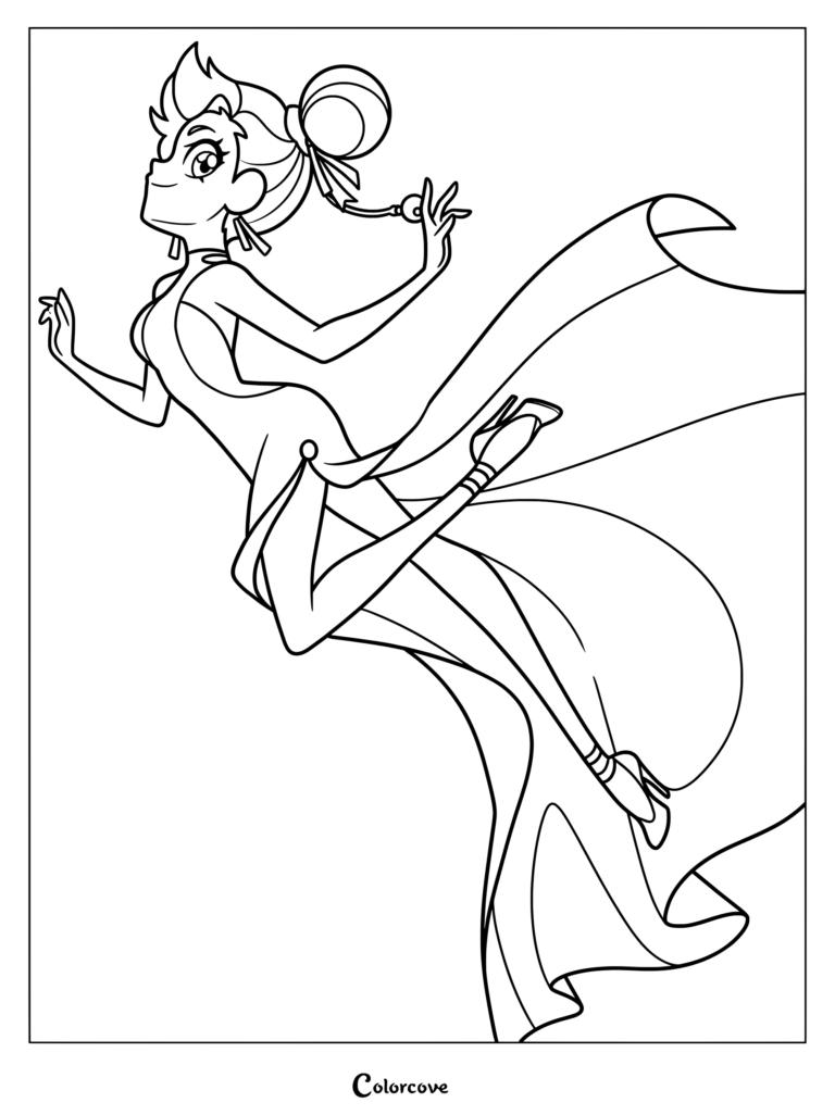 Auriana from LoliRock wearing a long, flowing yellow and blue gown in this printable coloring page.