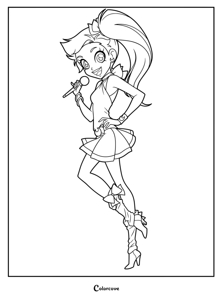 Auriana from Lolirock holding a microphone in a dynamic pose, printable coloring page featuring her signature ponytail and stage outfit.
