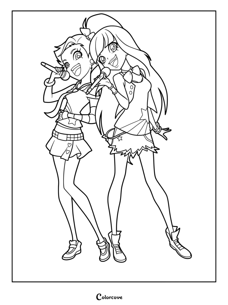 Auriana and Talia from LoliRock in musical concert attire, singing into microphones, printable coloring page.