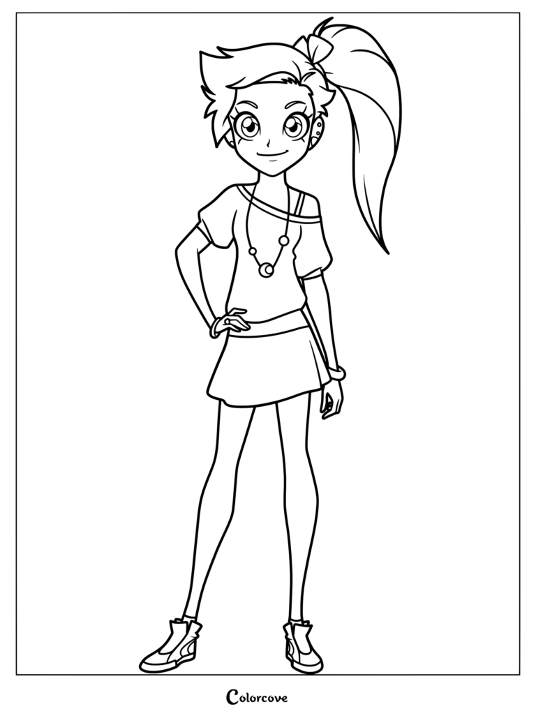 Auriana from Lolirock in a casual outfit featuring a high ponytail, necklace, and sneakers in a printable coloring page.