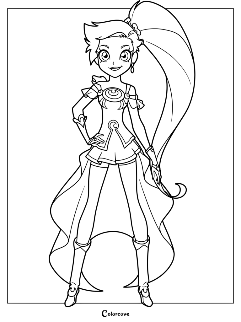 Auriana from Lolirock wearing her signature magical dress with a high ponytail and boots in this printable coloring page.