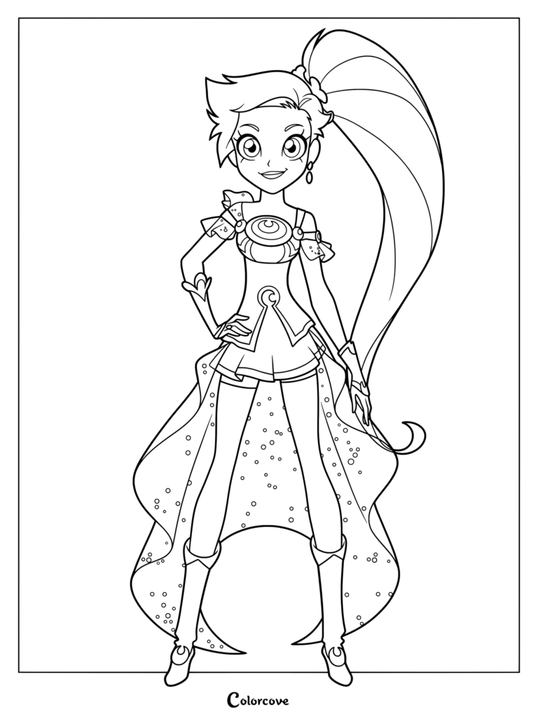 Dark Auriana from Lolirock in her magical outfit with a high ponytail, standing in a confident pose, printable coloring page.