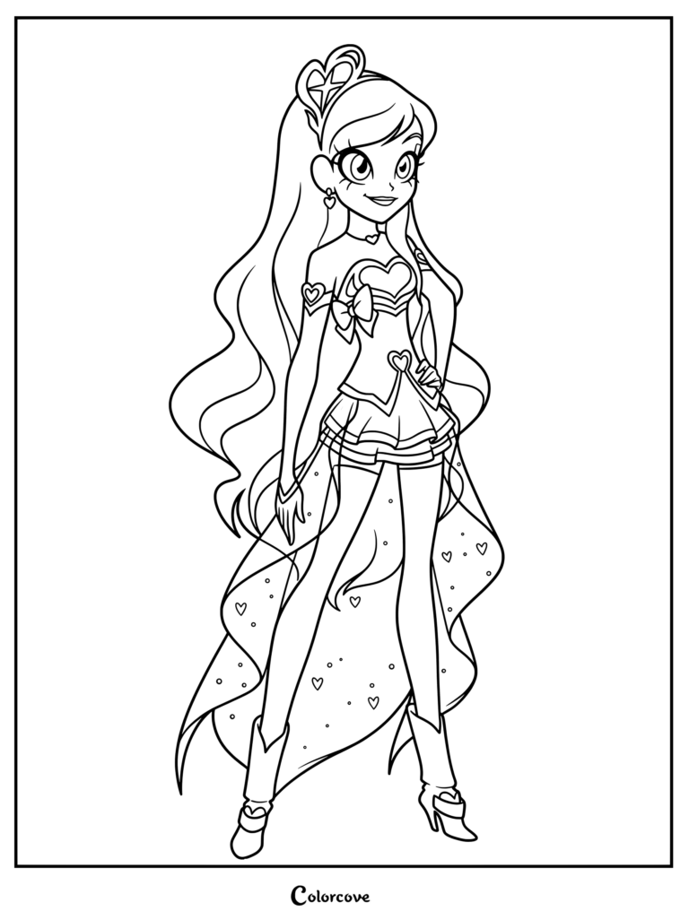 Dark Iris from Lolirock wearing a heart-themed magical outfit in this printable coloring page.