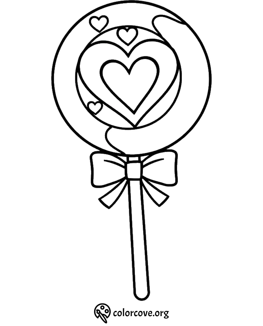 Heart lollipop coloring page with bow, perfect for kids' creative play and Valentine’s Day activities.