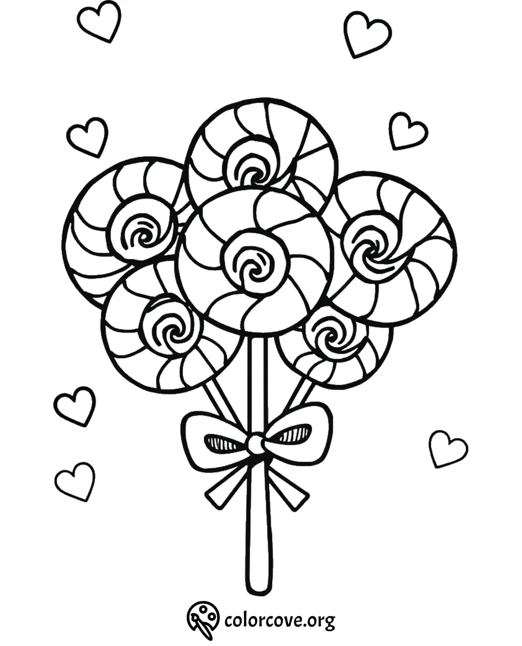 Lollipop bouquet coloring page with hearts; perfect for kids' creative activities and fun art projects.